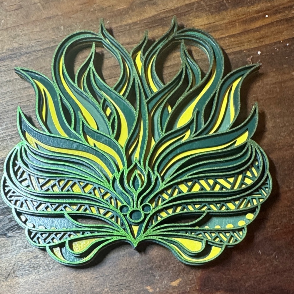 Carved wood Green and Yellow Intricate Mask Decor